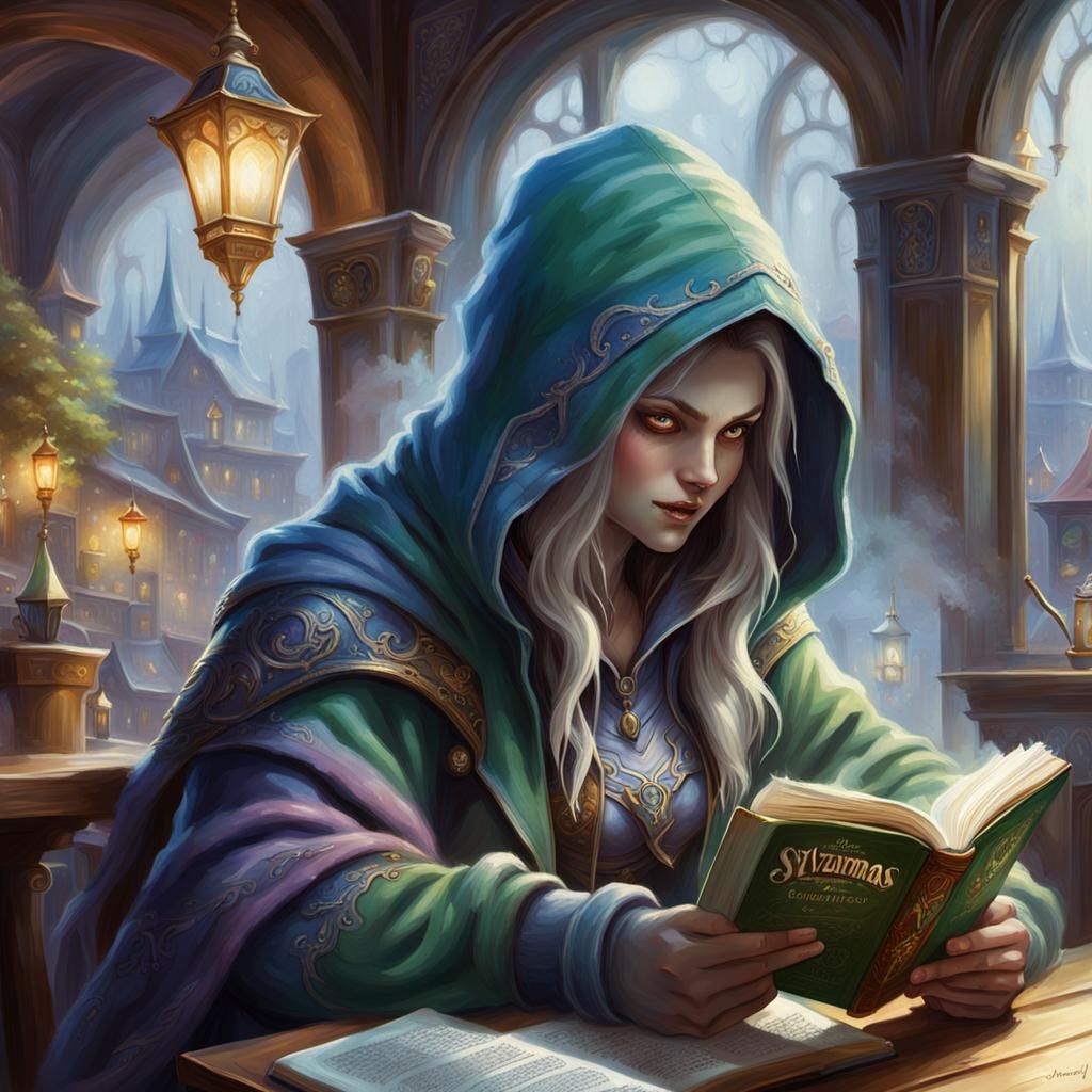 Ethereal Sylvanas Reading in Cafe, Hyperdetailed Fantasy Art