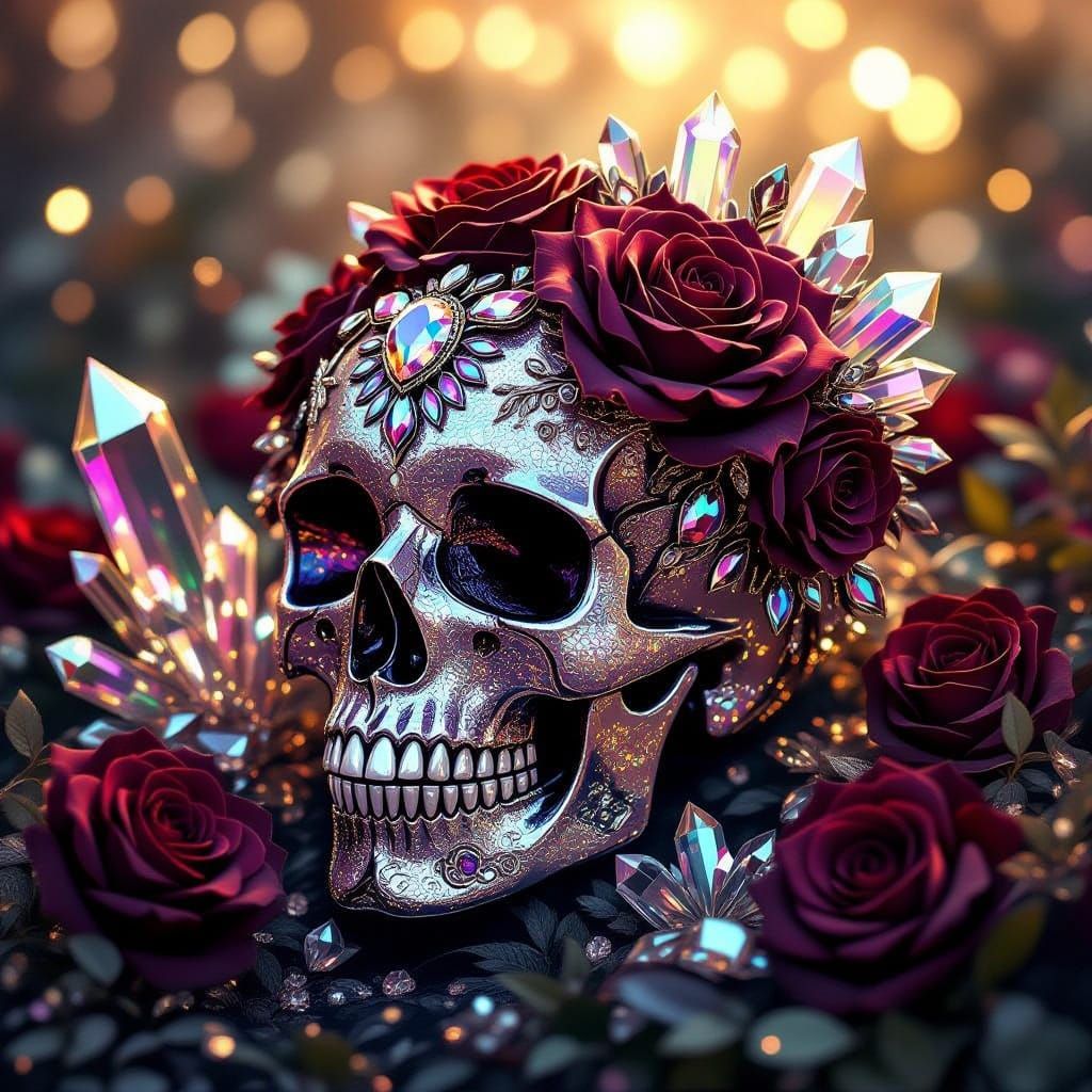 Ethereal Skeleton with Glittering Rose in Crystal Landscape