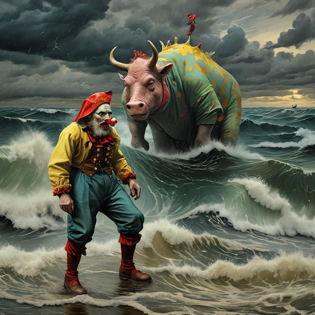 Surreal Pig Clown and Giraffe Soldier in Van Gogh Style