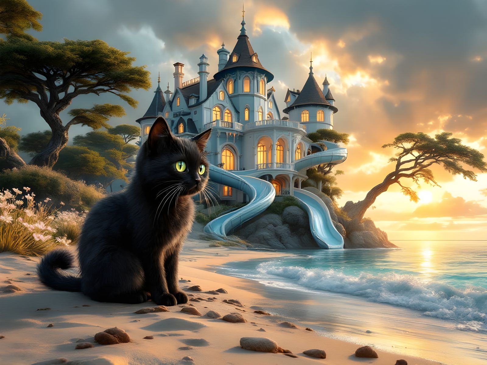 Dreamy Beachside Castle with Waterslide and Whimsical Cat