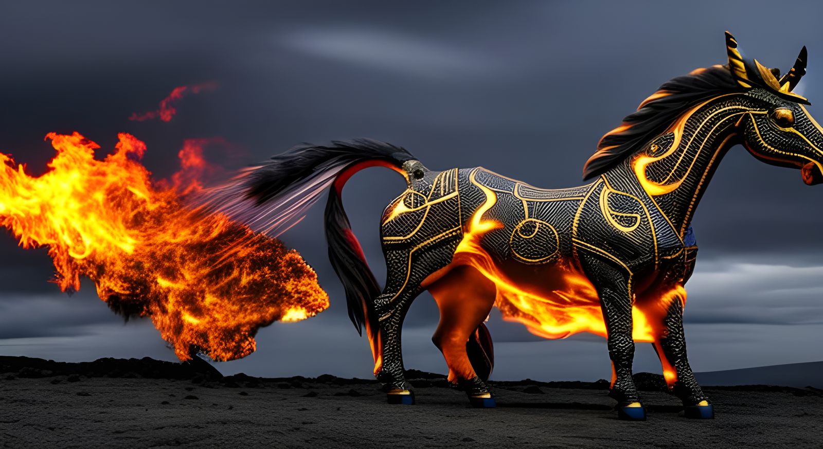 Mechanical Fire-Breathing Unicorn with Volcano Background