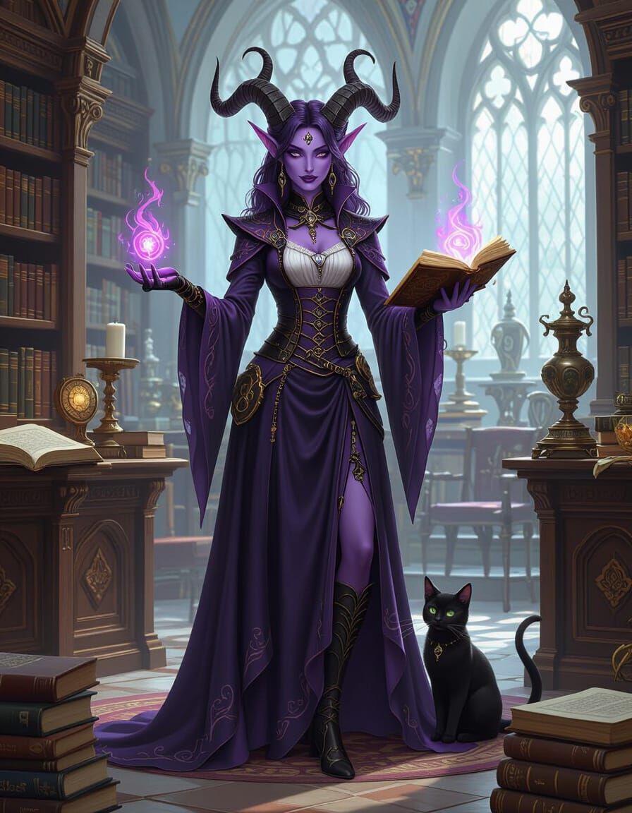 Tiefling Warlock Lecturer in Mystical University Hall