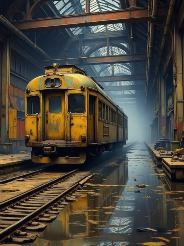 Vintage Train Car in Abandoned Industrial Warehouse