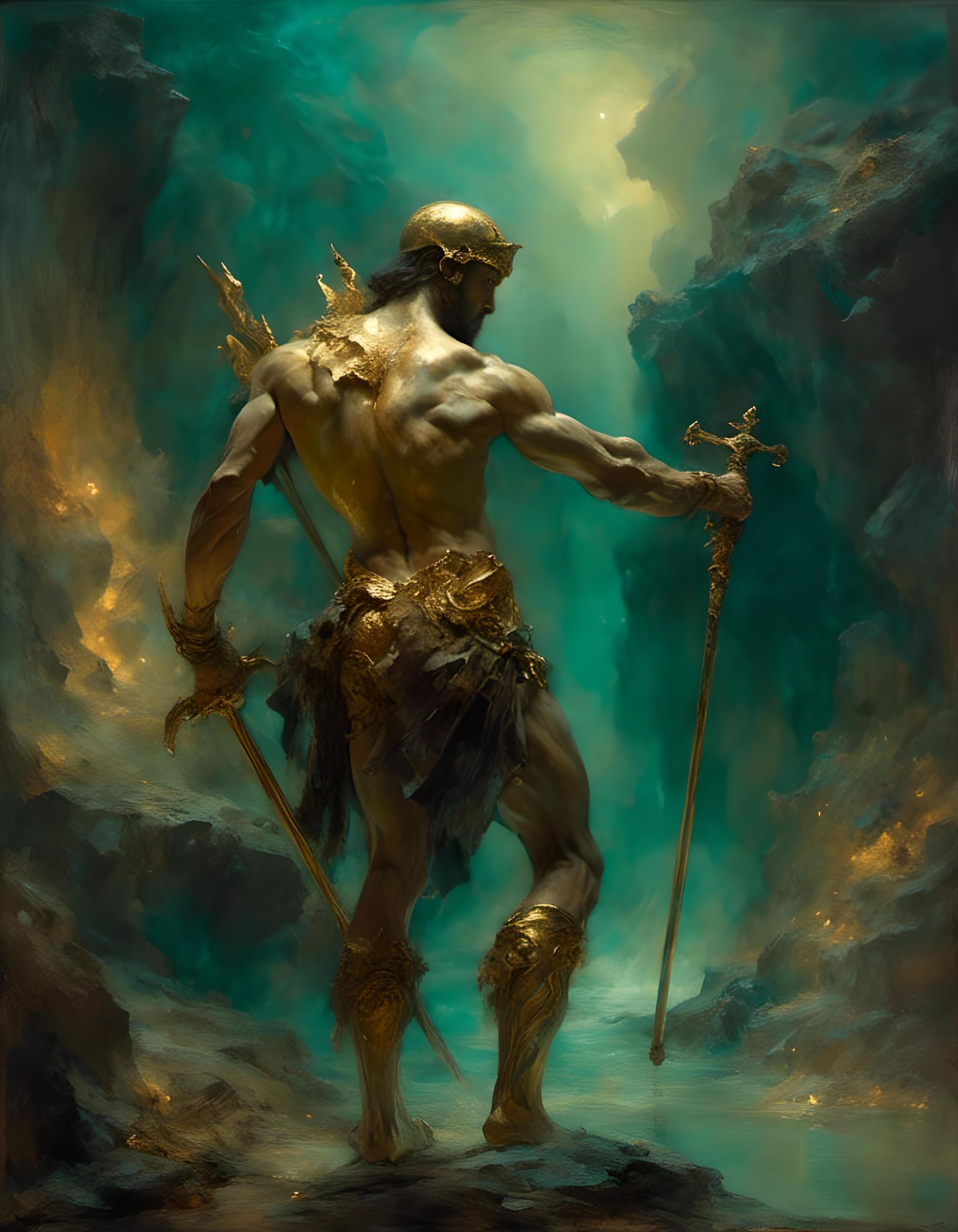 Muscular Man in Grotto: A Dark Oil Painting
