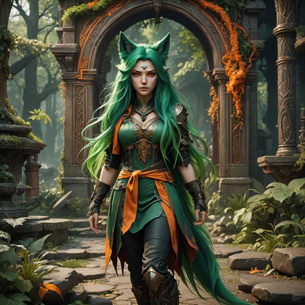 Fantasy Girl with Green Hair and Wolf Features