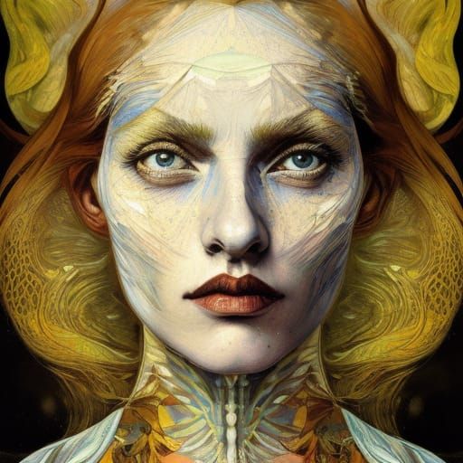 Combination of van Gogh, dali, Adonna kharre ,mixed fractal zentangle white goddess, abstract and 3D head and shoulders ...