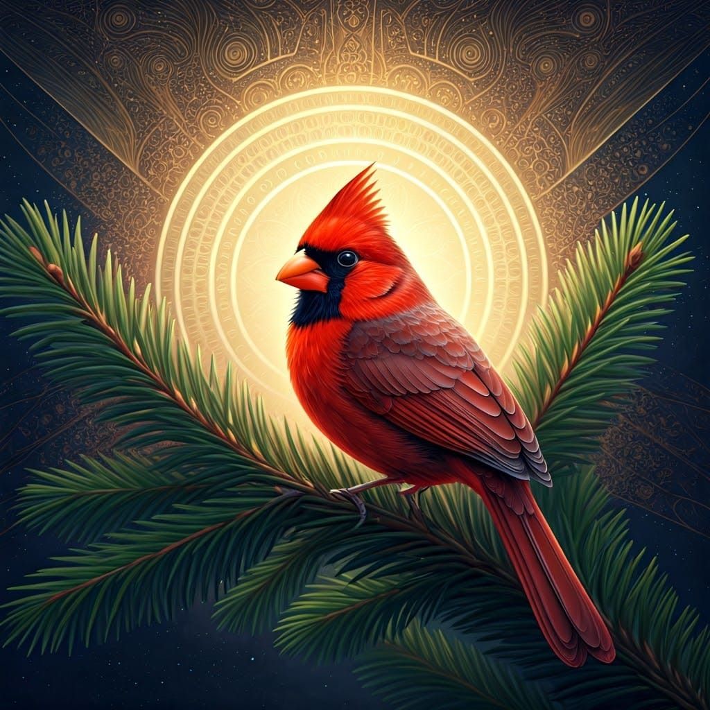 Ethereal Cardinal in Vibrant Evergreen Sanctuary