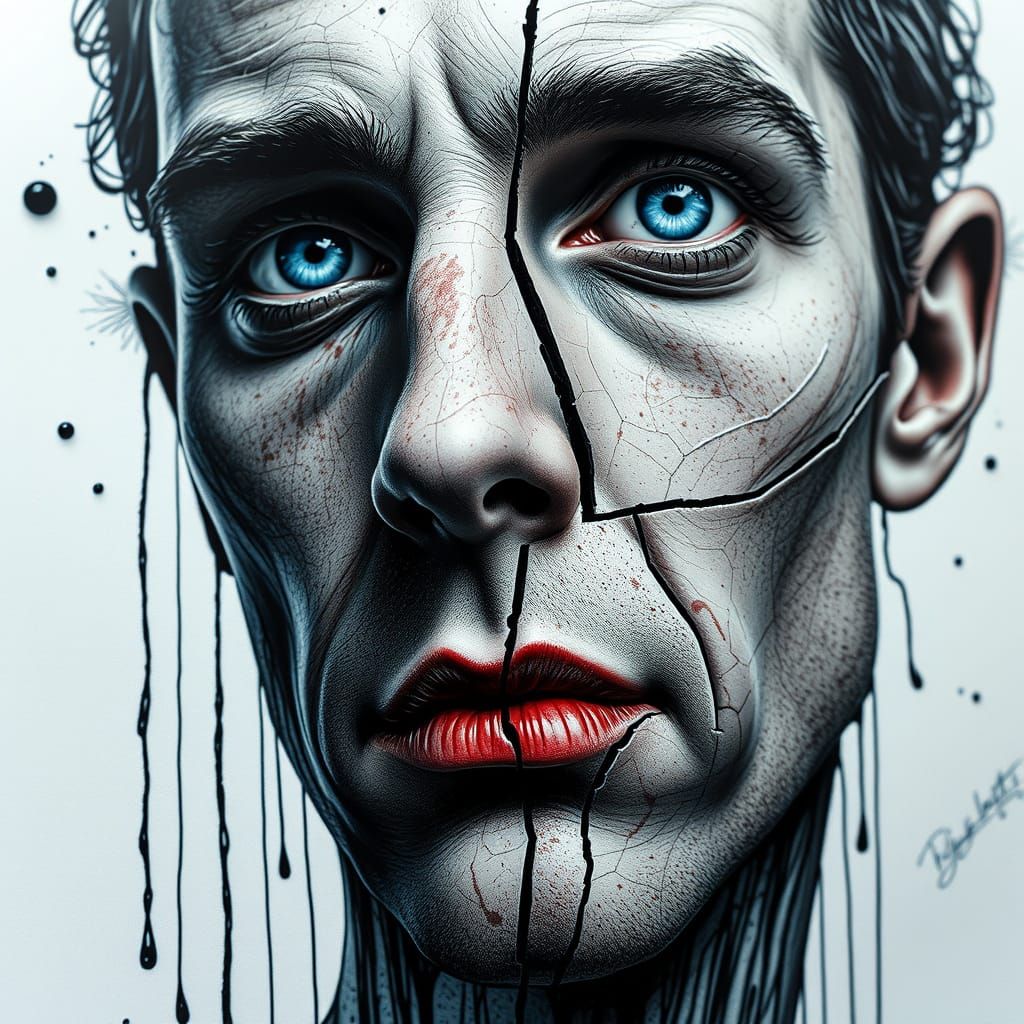 Surreal Portraits of Fractured Faces in Ink Drawing Style