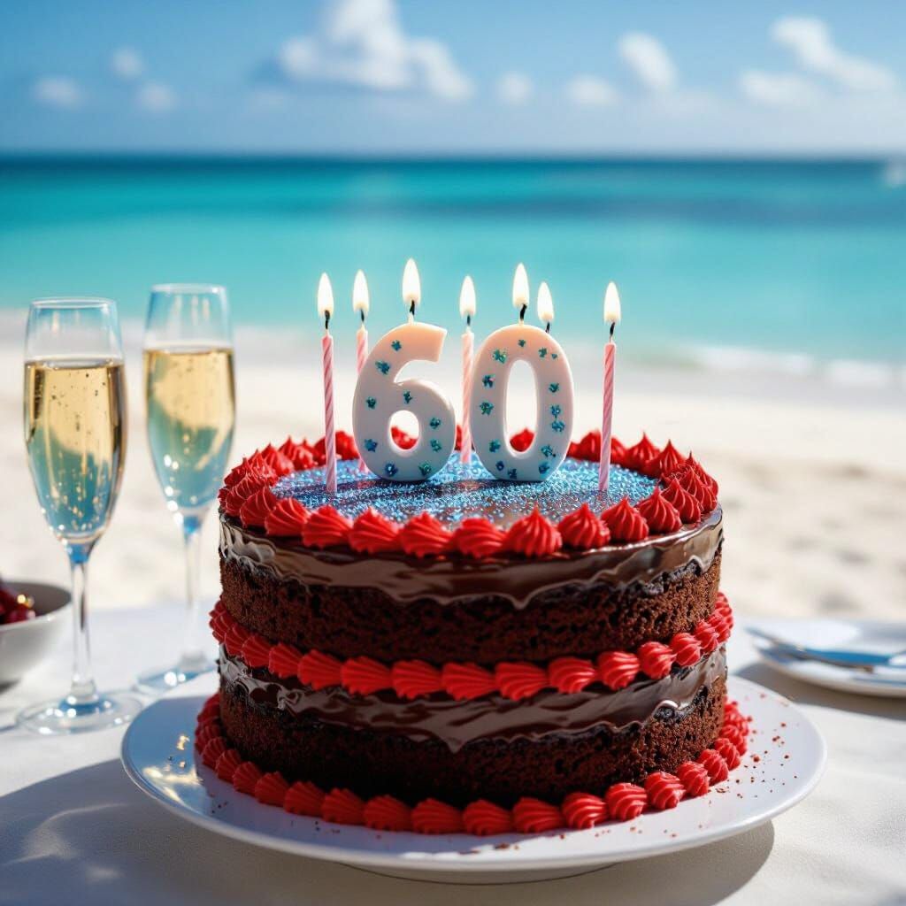 Chocolate Birthday Cake with 60 Candles on Beach