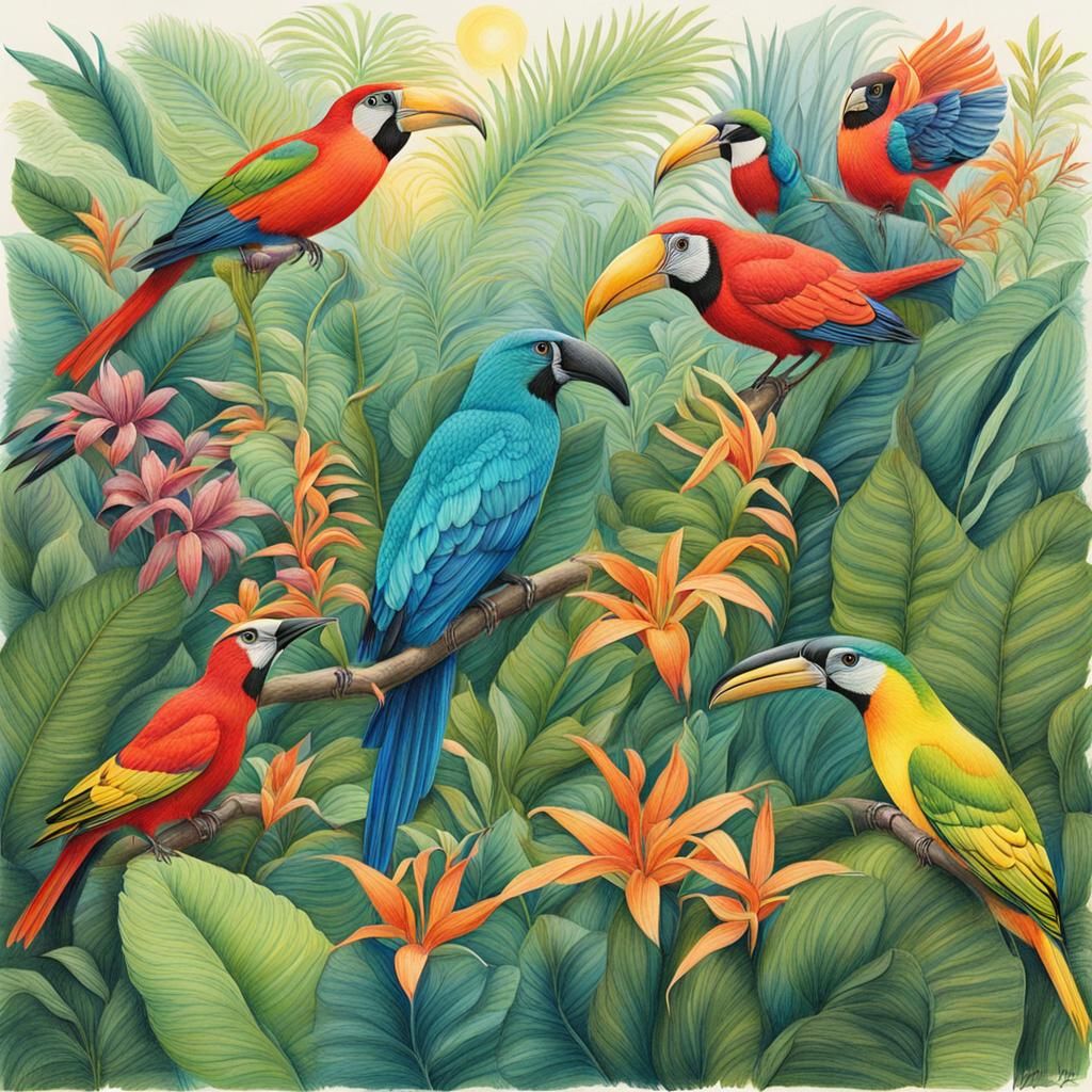 Lush Tropical Bird Gathering in Ethereal Drawing