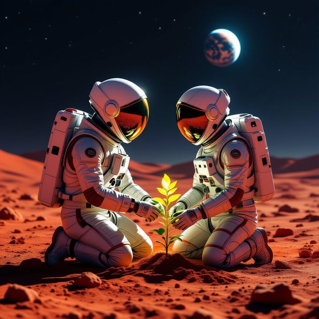 Astronaut Tends Alien Plant on Mars, Reflecting Earth