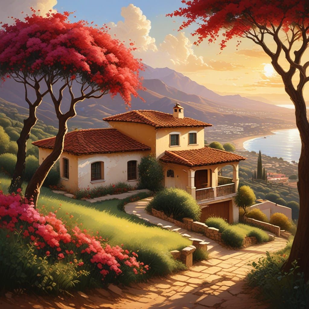 Impressionistic Spanish Ranch House with Red Tile Roof