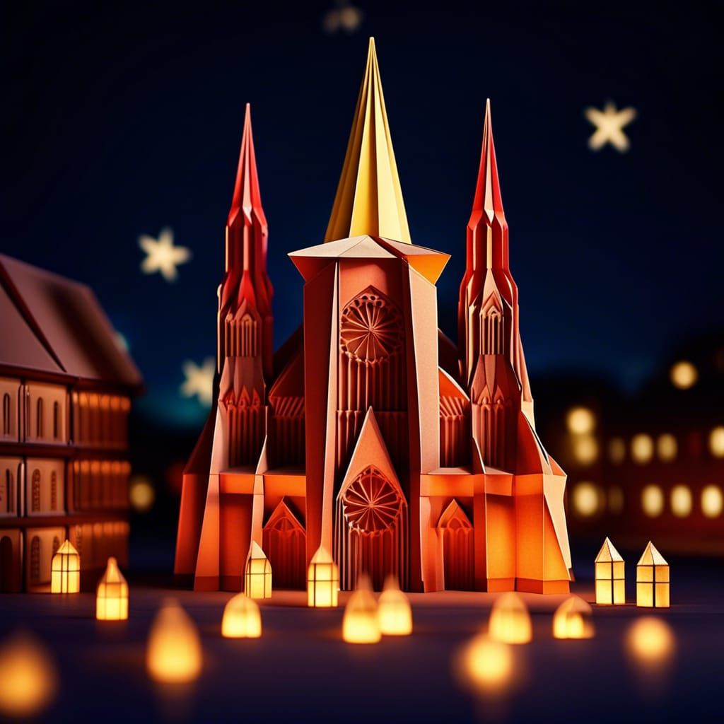 Strasbourg Cathedral Christmas Night in Origami Style