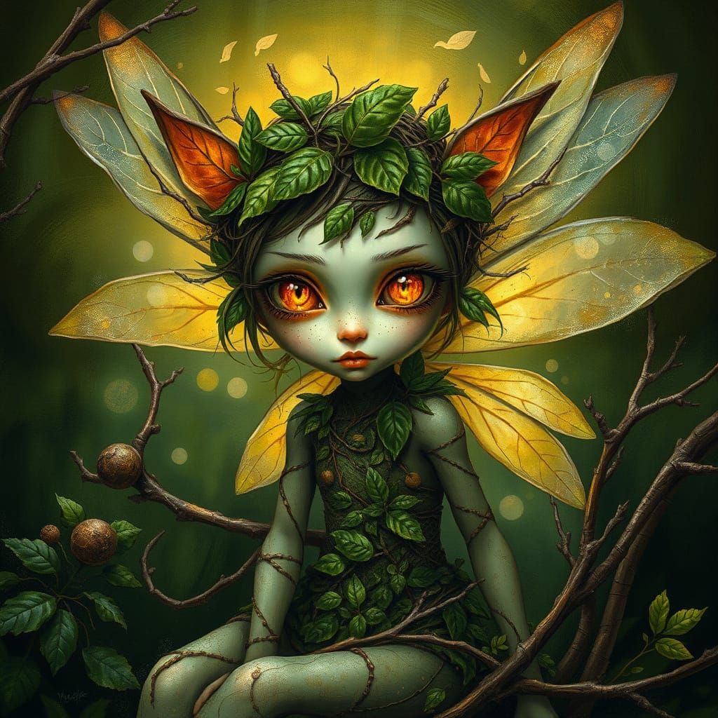 Whimsical Woodland Fairy Composed of Leaves and Twigs