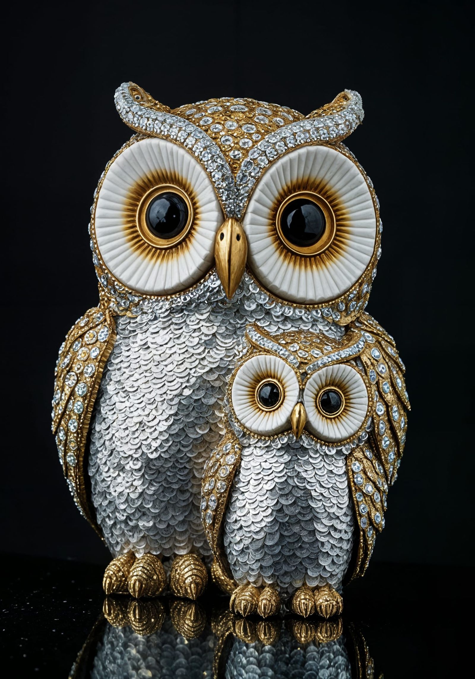 Elegant Ornate Owl Statuettes in Iridescent Sequins