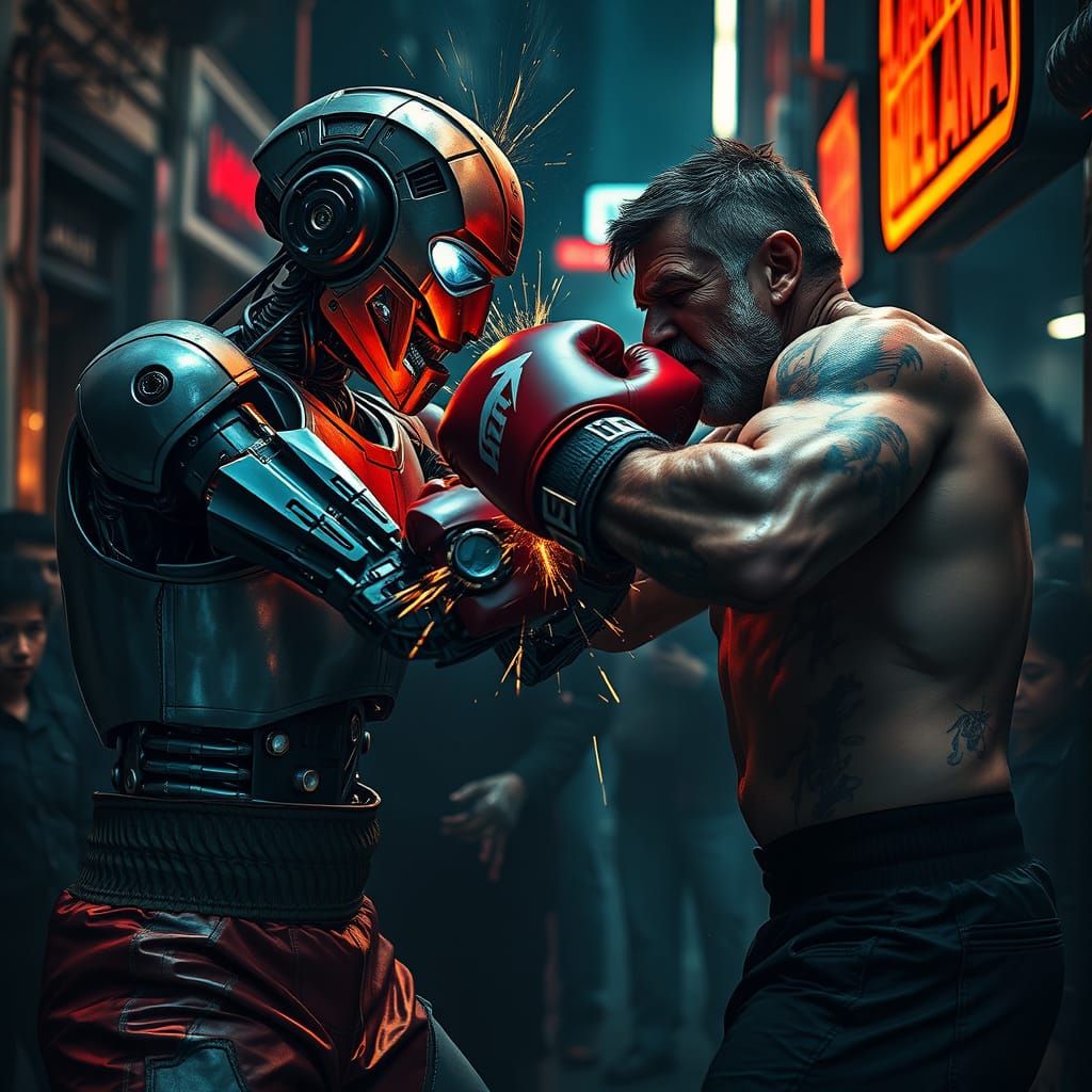 Cyberpunk Boxer vs Automaton in Neon Alley Fight