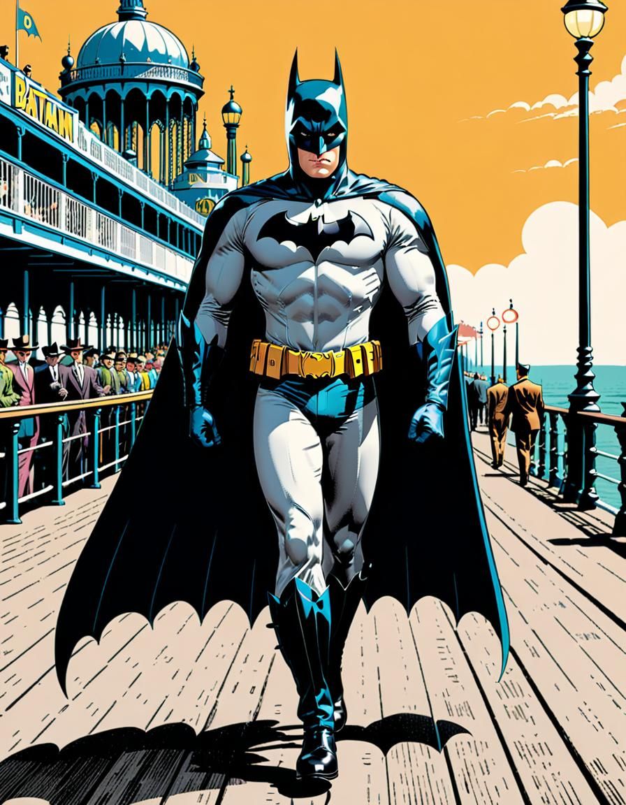 Batman on Brighton Pier in Vintage Comic Style