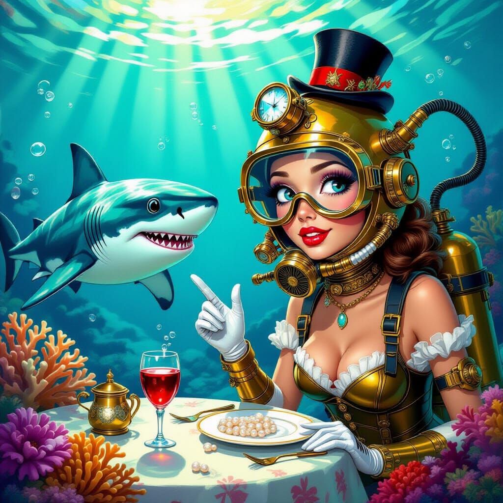 Steampunk Diver Meets Monocled Shark in Surreal Underwater F...