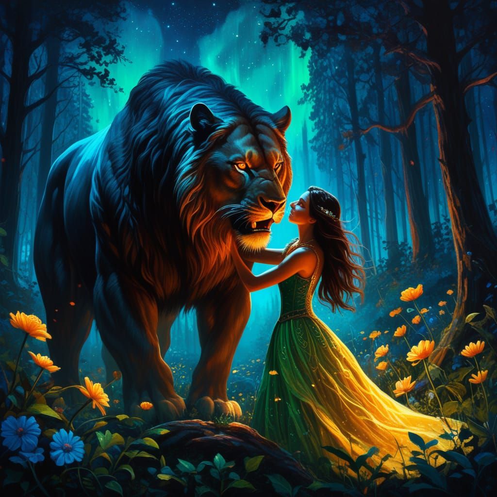 Majestic Beast Embraces Woman in Enchanted Forest