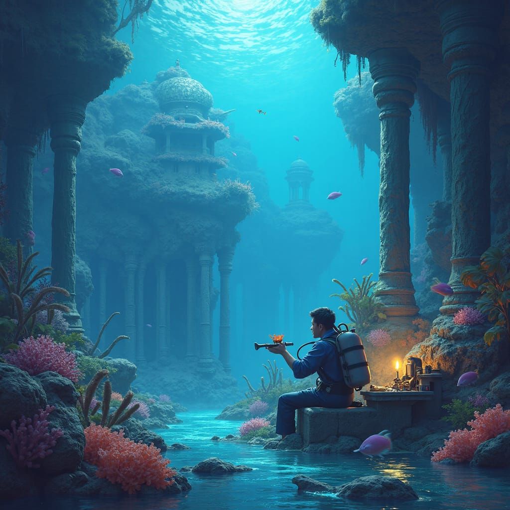 Underwater City with Inventor, Fantasy Concept Art