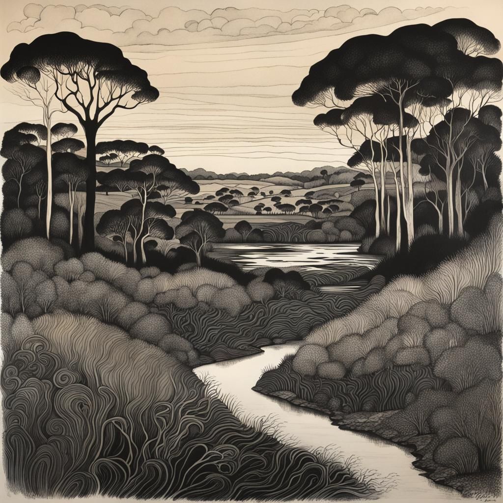 Tonalist Action Painting in Ink Drawing Style