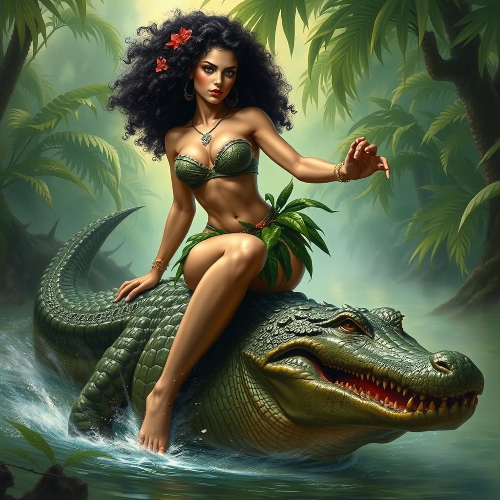 Amazonian Woman Rides Crocodile in Lush Jungle