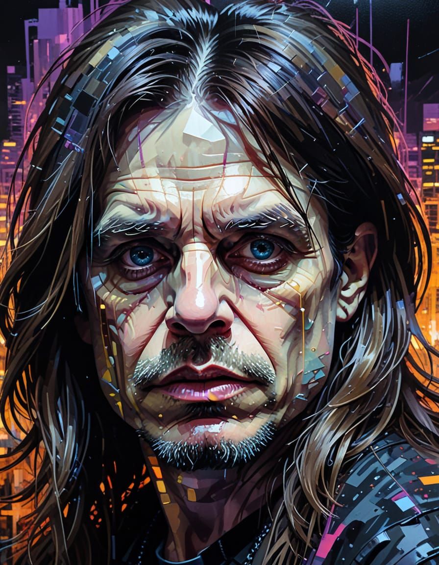 Distorted Glitch Portrait with Night City Background