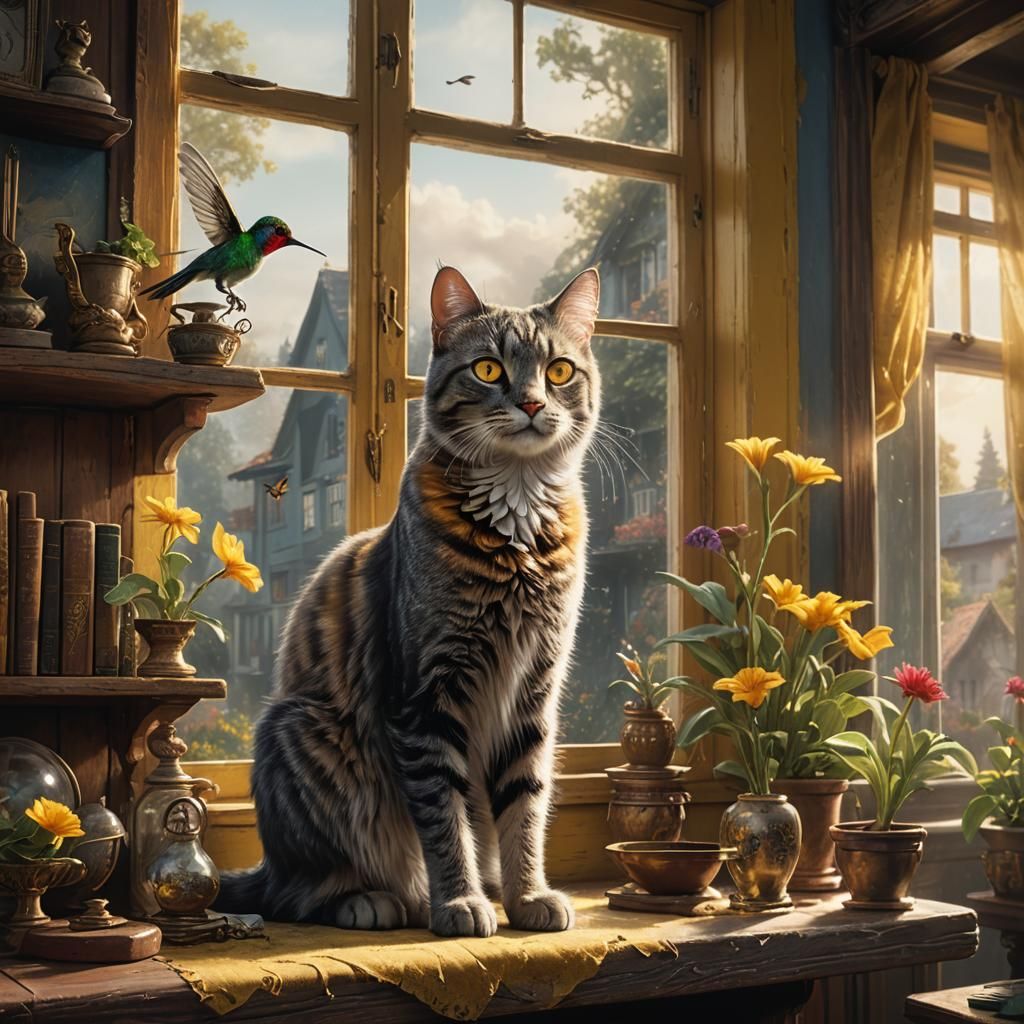 Lead Cat Watching Hummingbird, Detailed Matte Painting