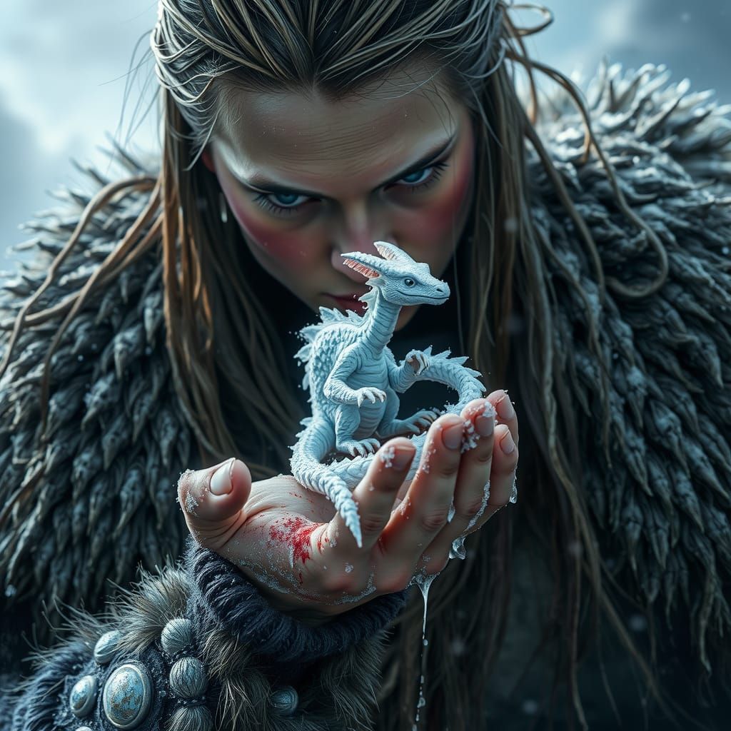 Viking Woman with Dragon in Snowstorm, Detailed Matte Painti...