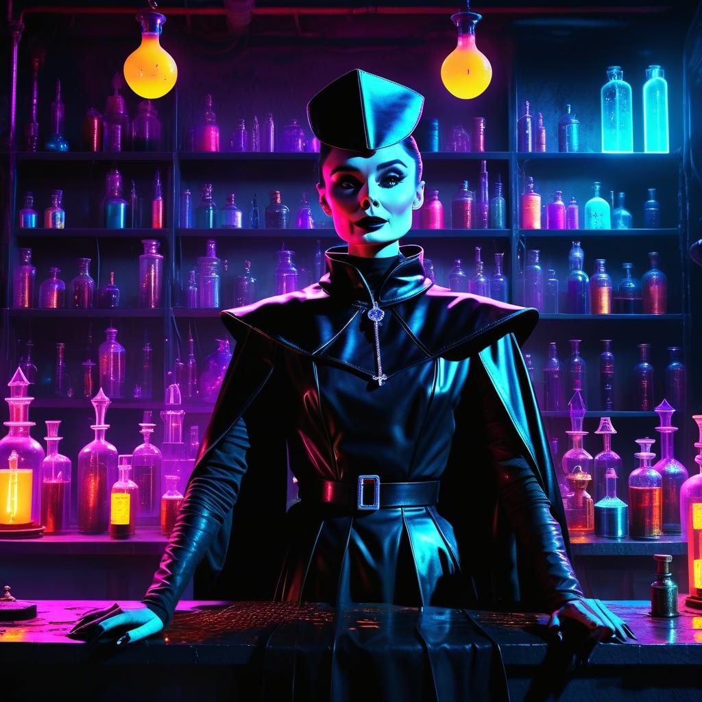 Cyberpunk Sorceress in Neon Lit Laboratory