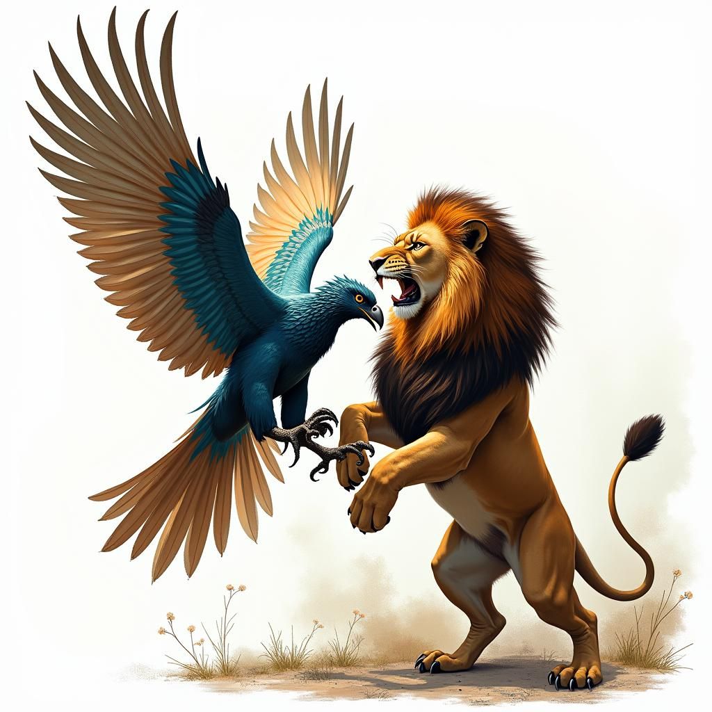 Dream Bird vs Lion: Fantasy Battle in Digital Art