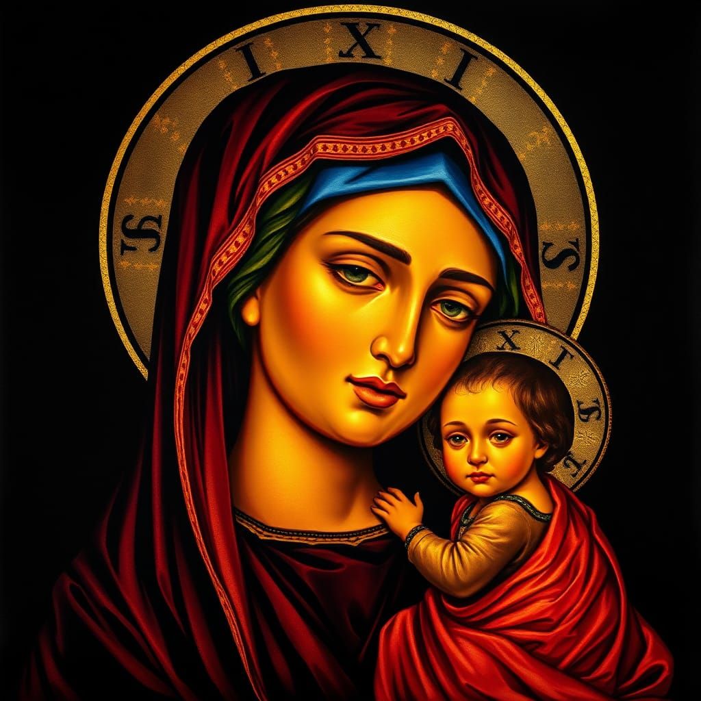 Religious Icon Portrait on Velvet in Retro Style