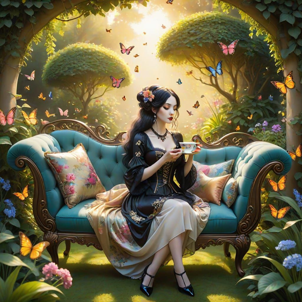 Dreamy Watercolor Garden Scene with Goth Woman and Whimsical...