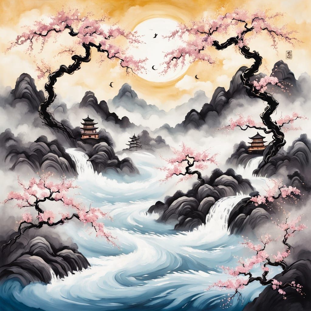 A serene Eastern-style ink painting