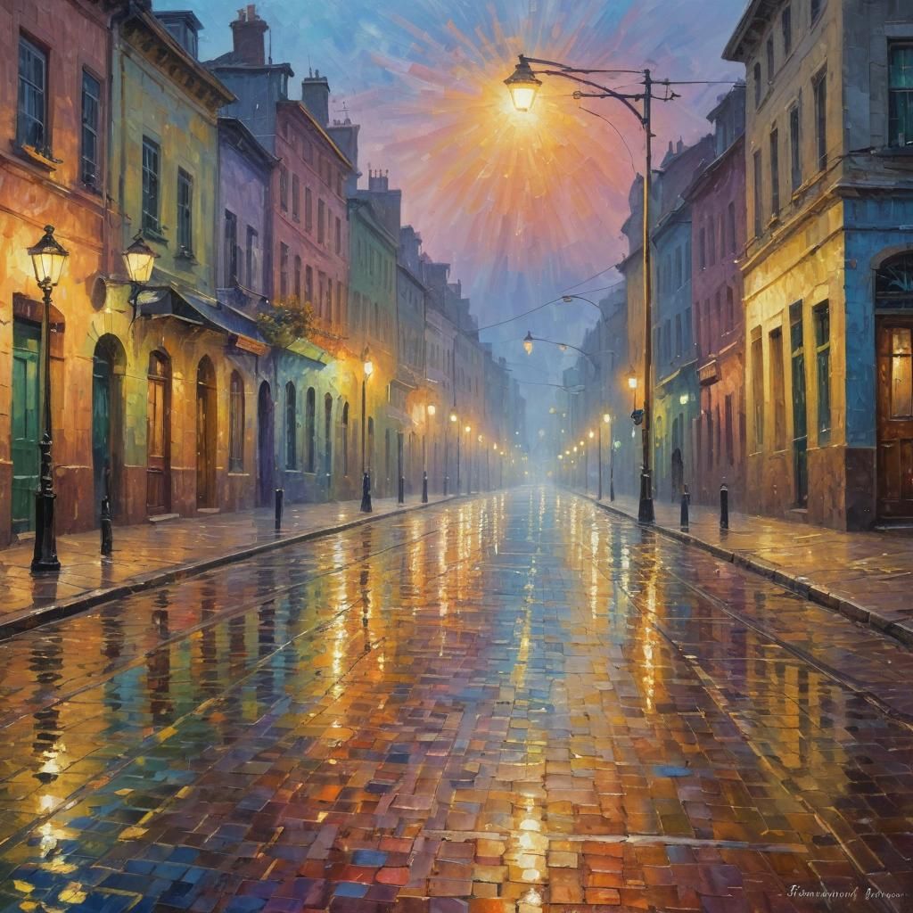 Rainbow Street at Night: Neo-Impressionist Oil Painting