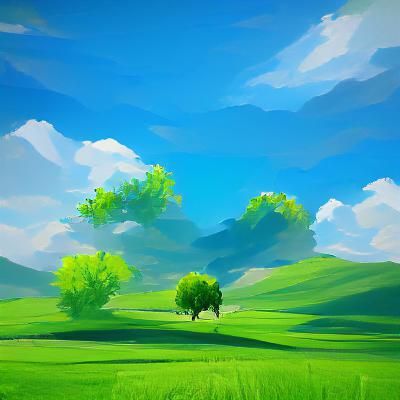 Tranquil Green Landscape Under Blue Sky: Oil Painting