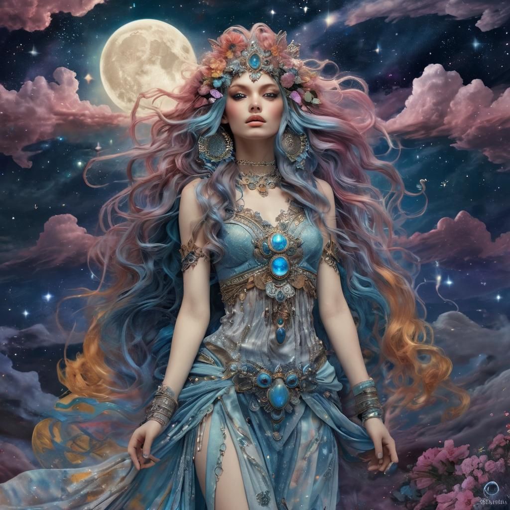 Cosmic Goddess in Supernova Night Sky