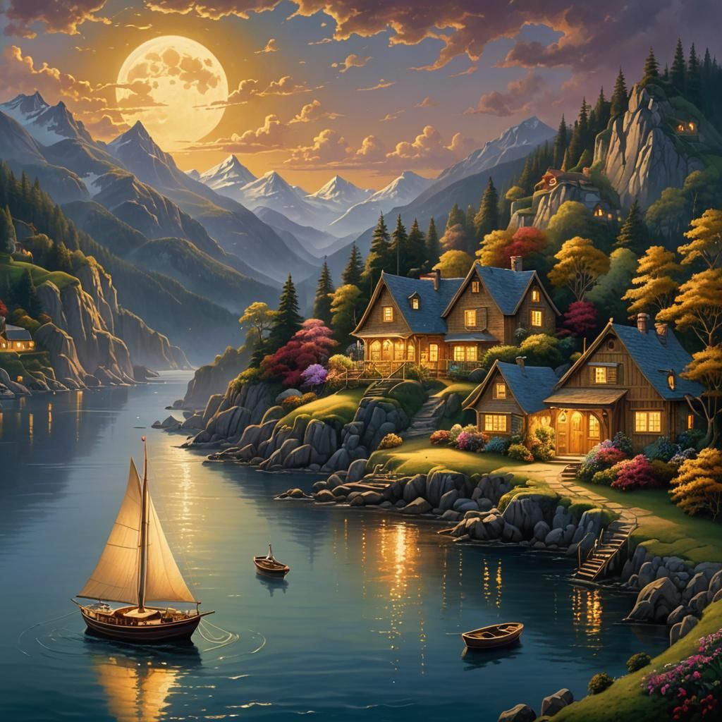 Surreal Golden Bay Masterpiece with Cottage and Sailboat
