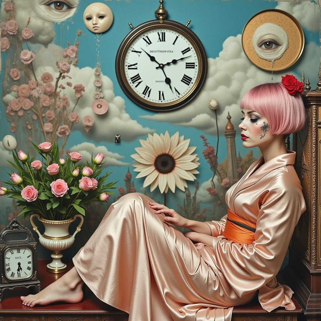 Toned Woman with Floral Tattoos in Surreal Boudoir