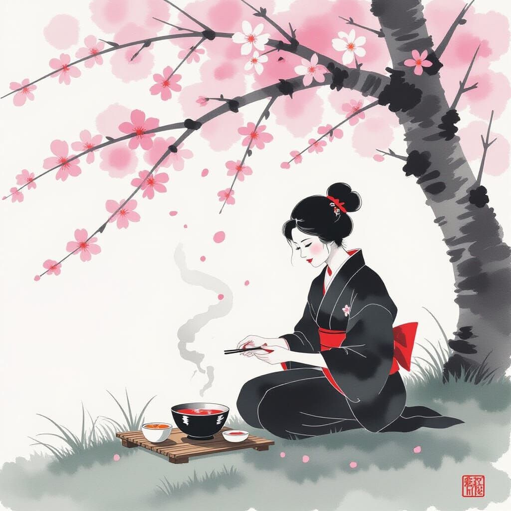 Yamato-e Painting: Cherry Blossom Picnic