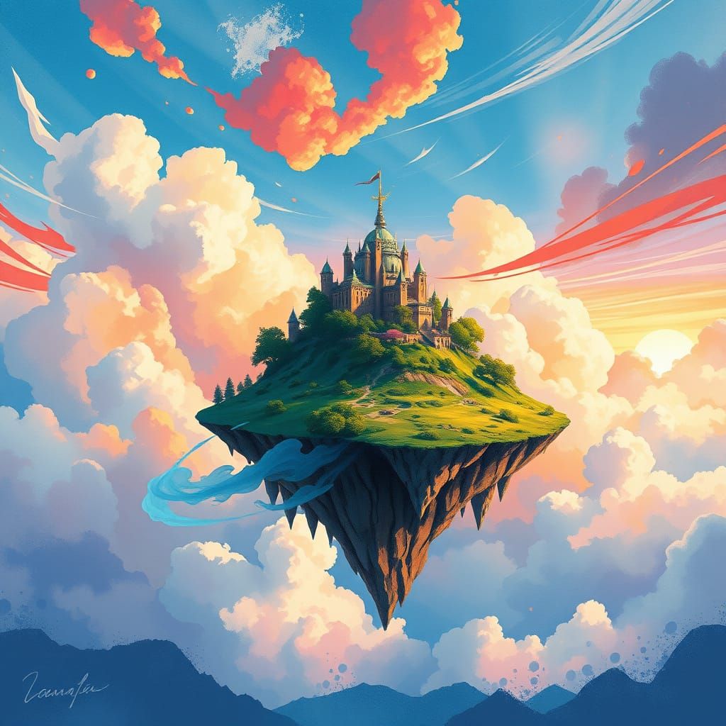 Floating Island in Vibrant Dreamlike Skies