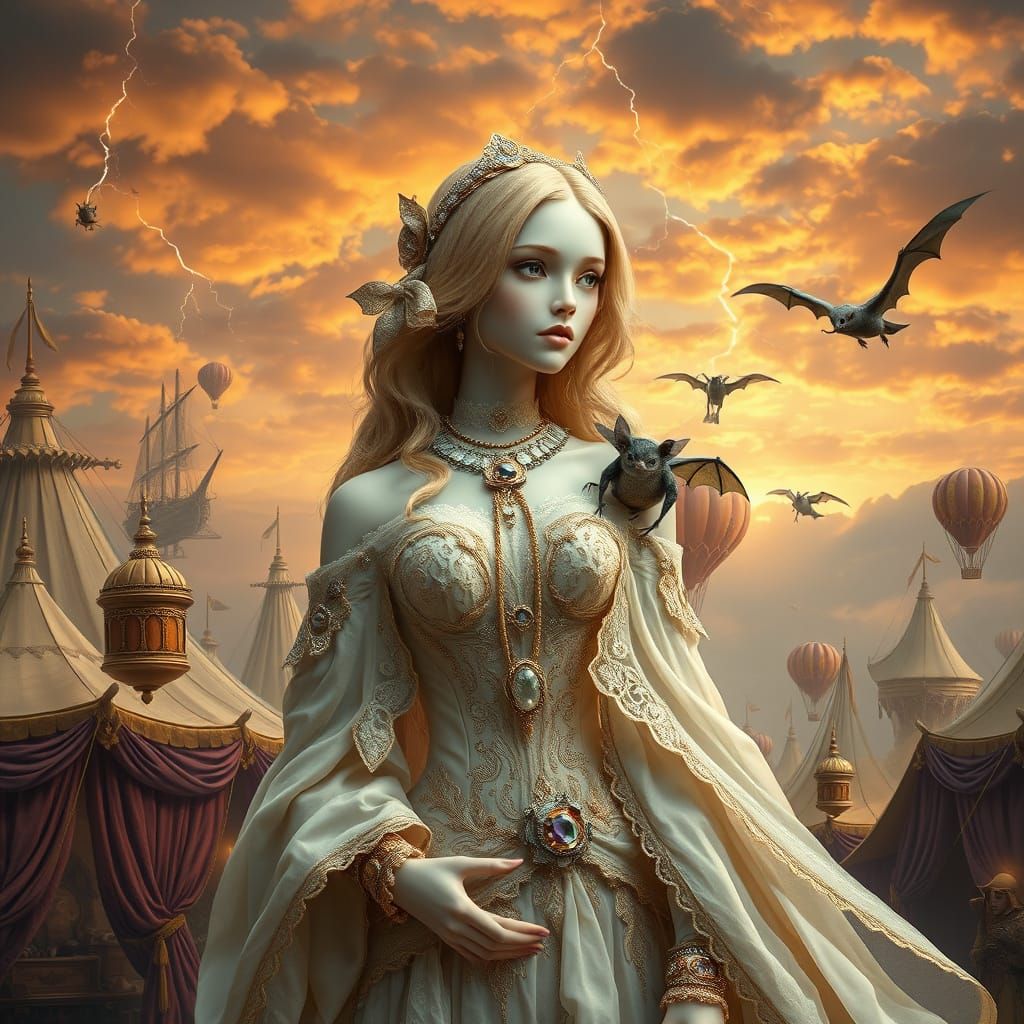 Elegant Android in Victorian Tent City with Whimsical Flying...