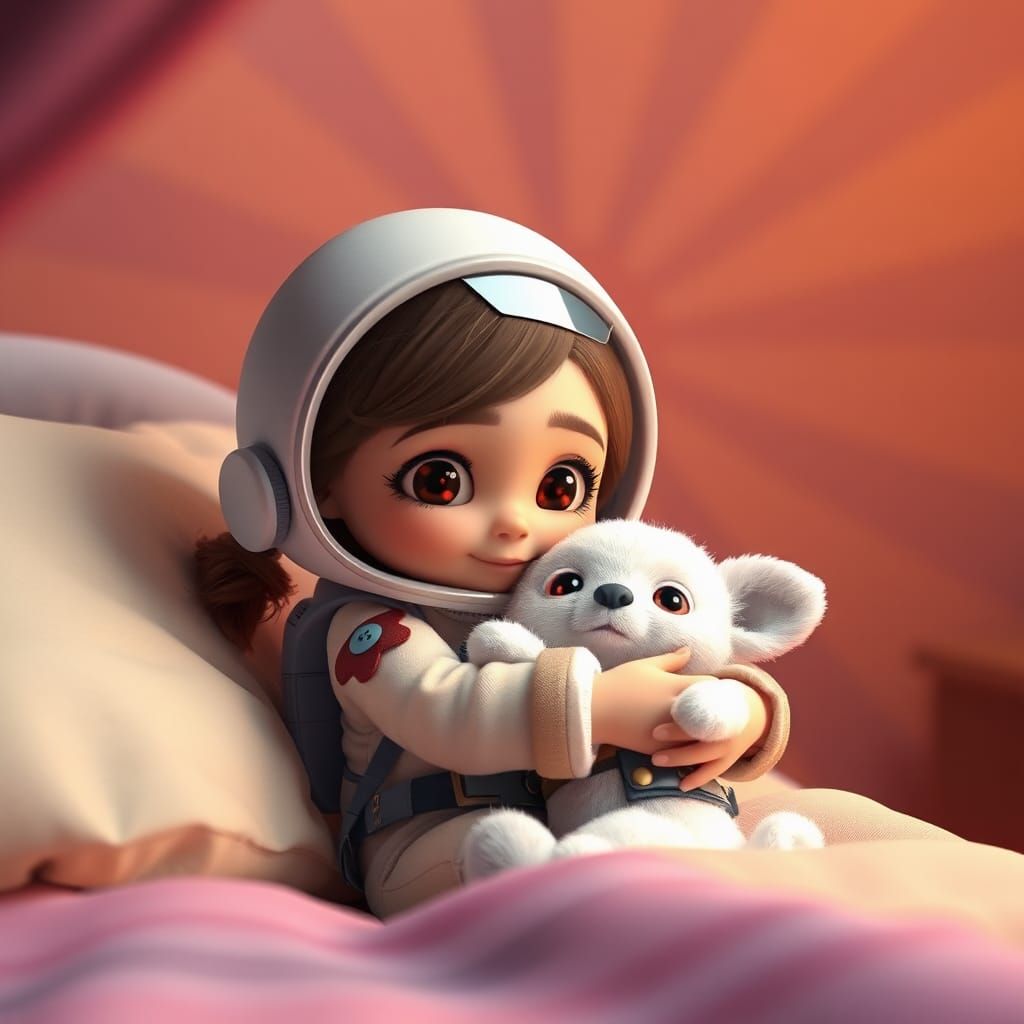Girl in Spacesuit Hugs White Rabbit: Pixar-Inspired 3D Art