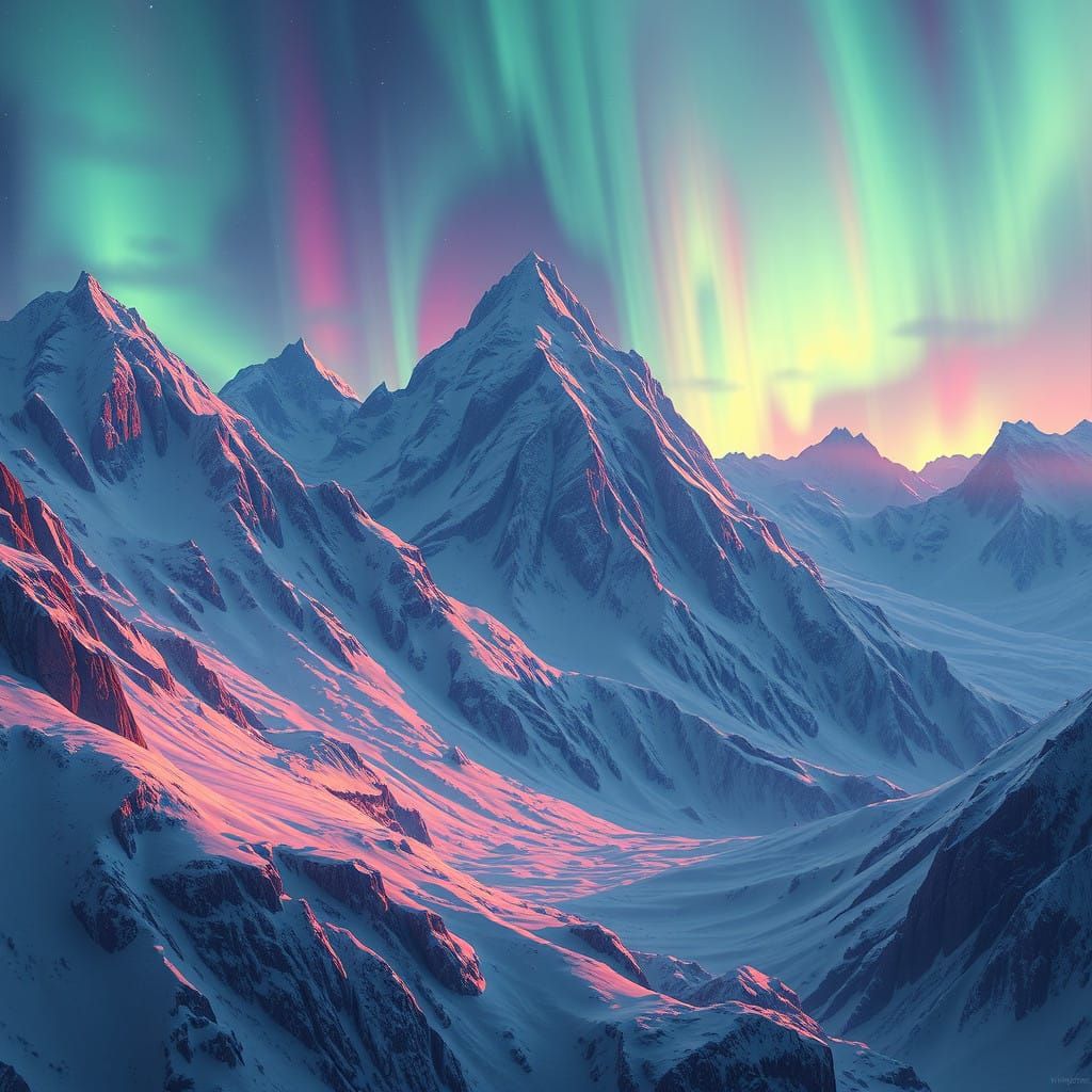 Aurora Dreams: Snow-Covered Mountains in Vibrant Color