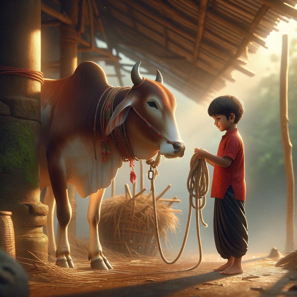 Bengali Boy Guides Cow: Hyper-Realistic Matte Painting