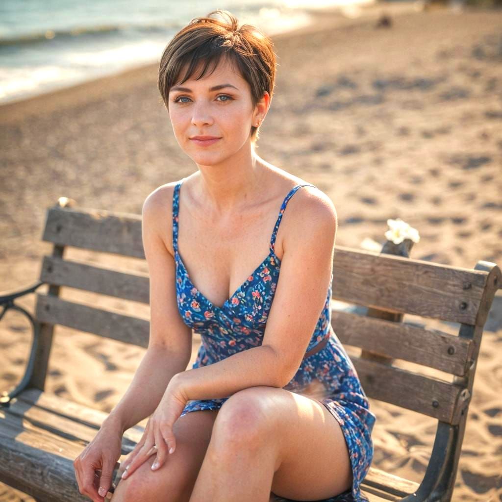 Santa Barbara California, beautiful brunette with short pixie hair, age 45, sitting on a bench overlooking the Pacific o...