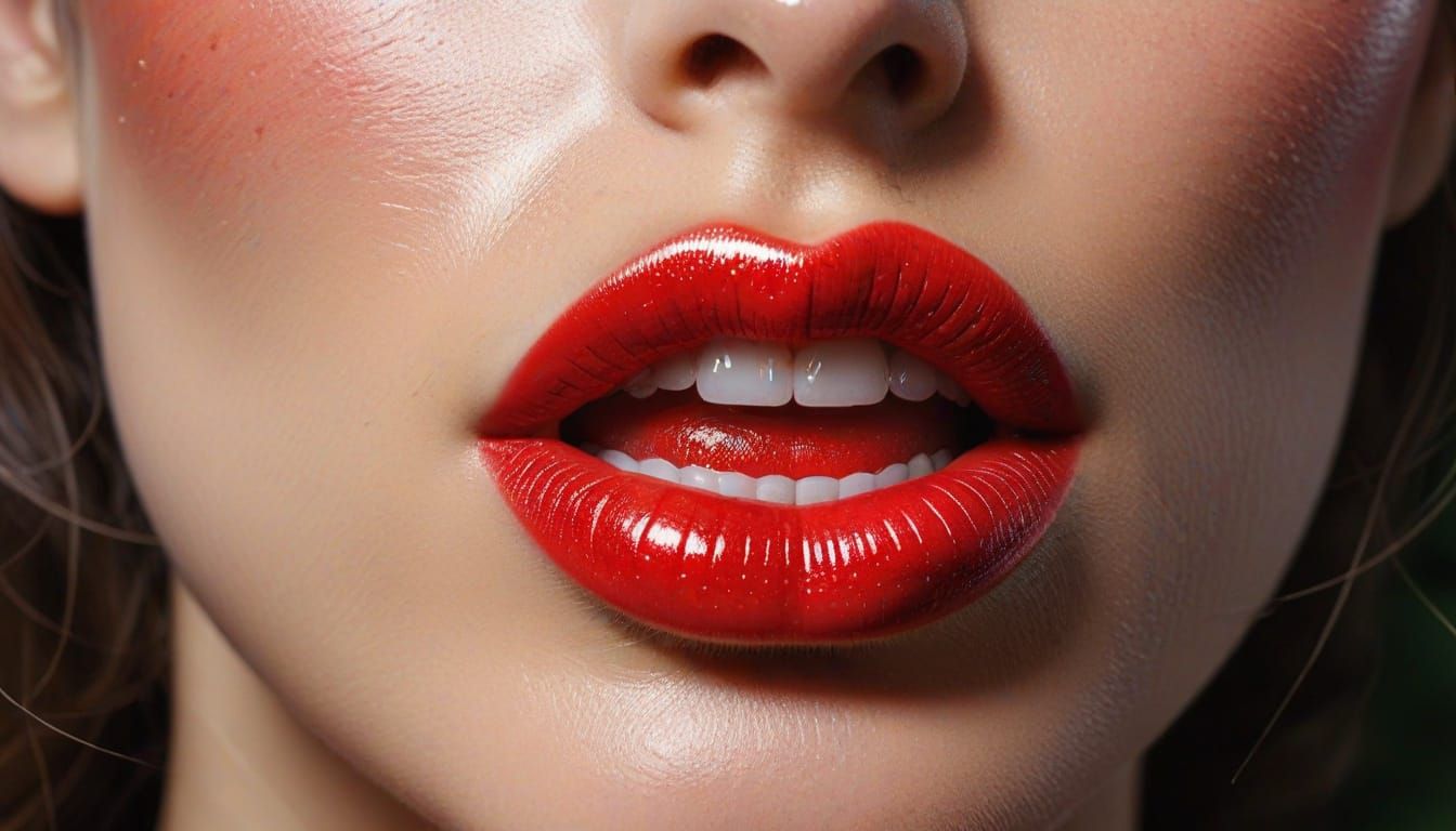 Glossy Red Lips About to Bite a Strawberry