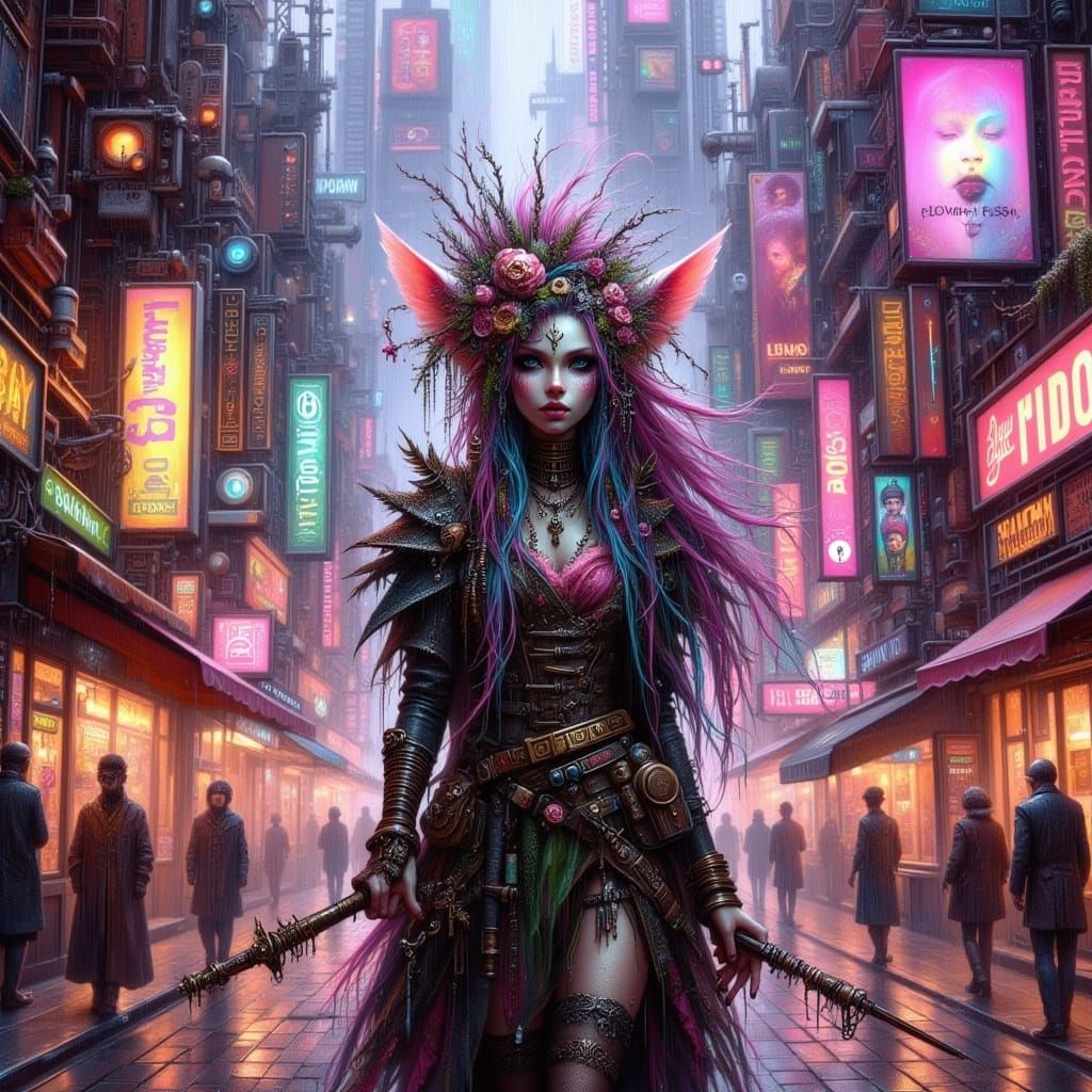 Drow Elf Rogue in Cyberpunk Cityscape