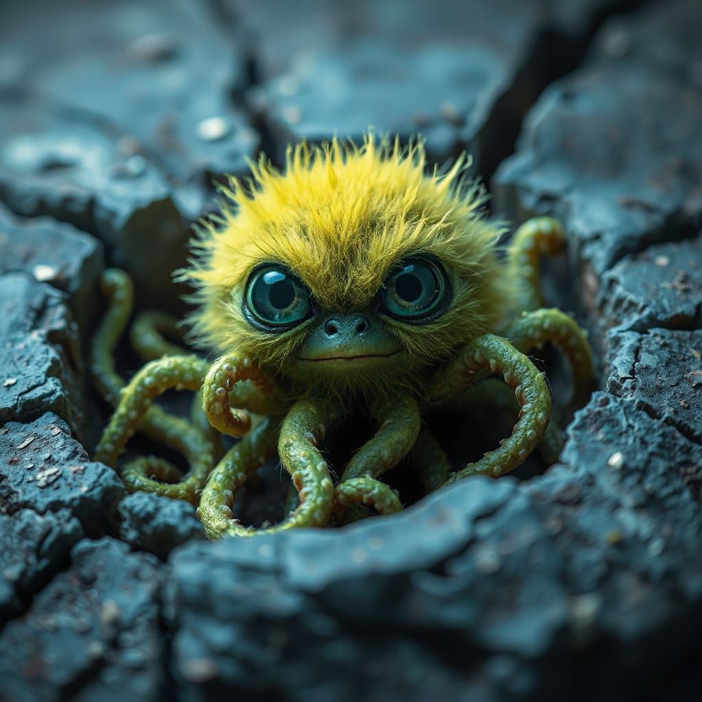 Neon Green Tentacled Creature in Grungy Landscape