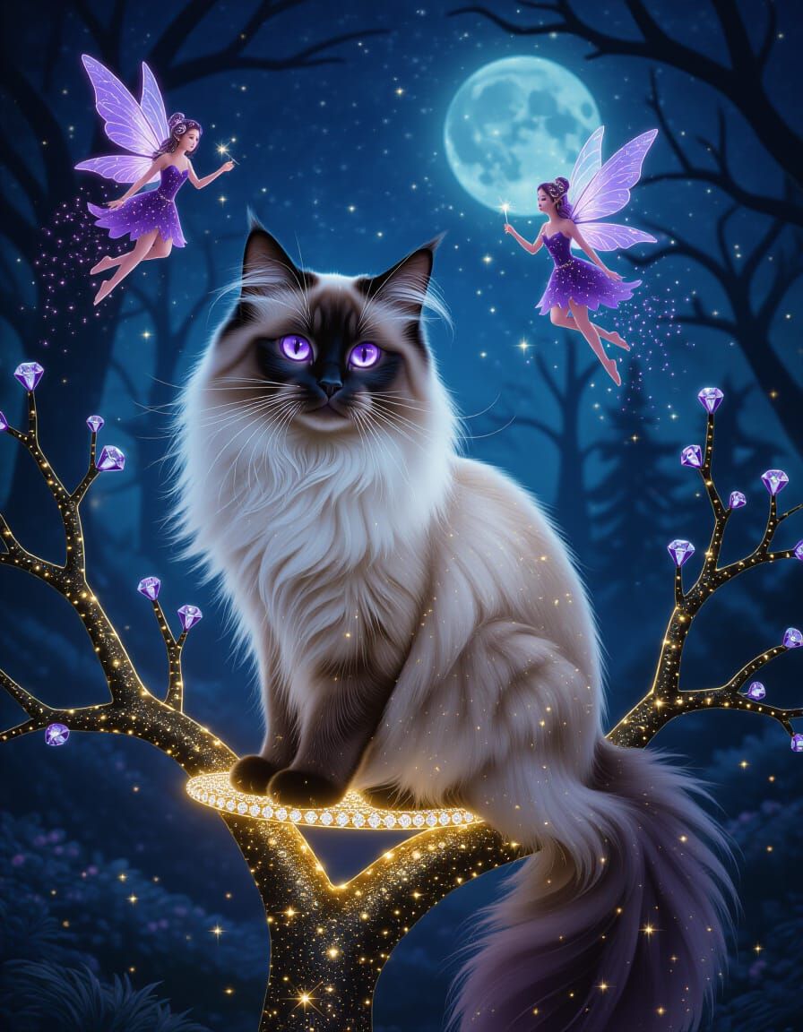 Siamese Cat in Dark Fantasy Forest with Fairies